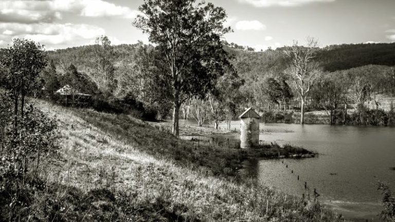A serene lake surrounded by trees with a house in the background, captured in black and white